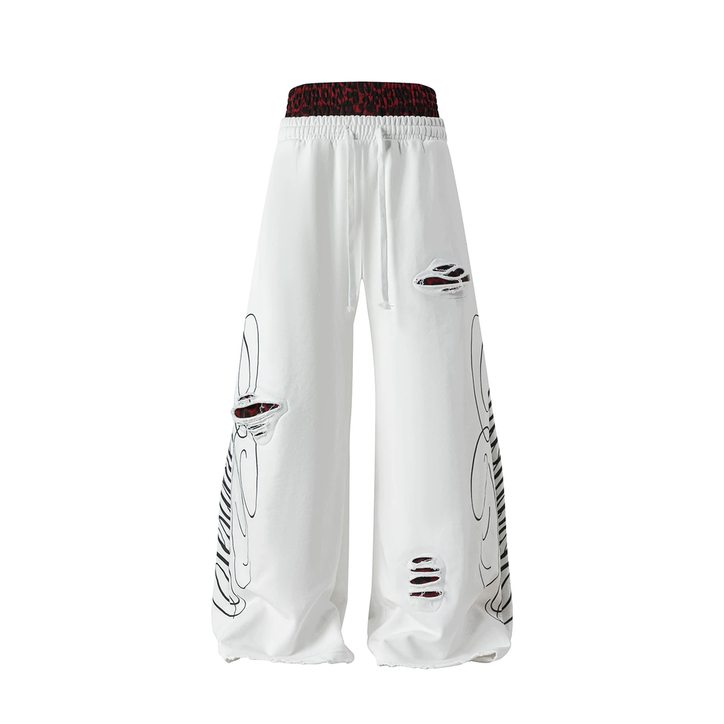 White Leopard Distressed Wide-Leg Pants - Front View