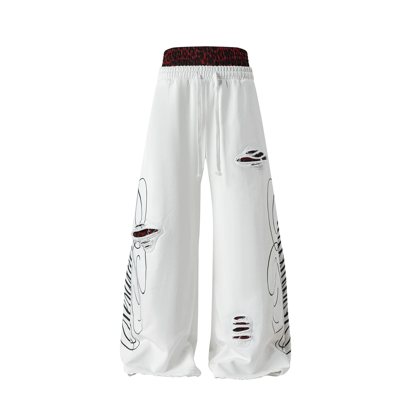 White Leopard Distressed Wide-Leg Pants - Front View