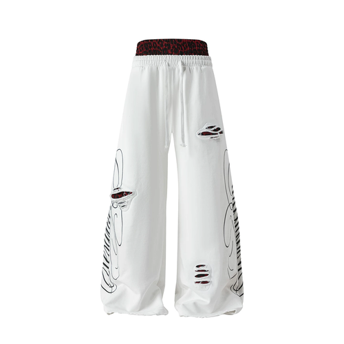 White Leopard Distressed Wide-Leg Pants - Front View