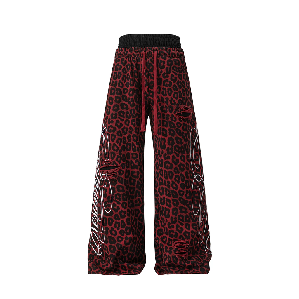 Red leopard print wide leg pants - front view