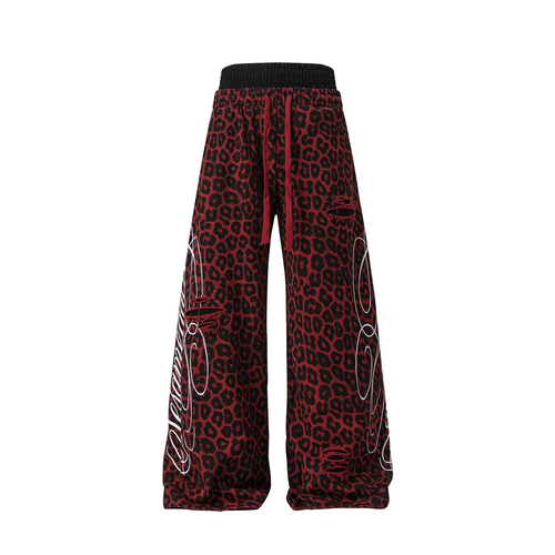 Red leopard print wide leg pants - front view