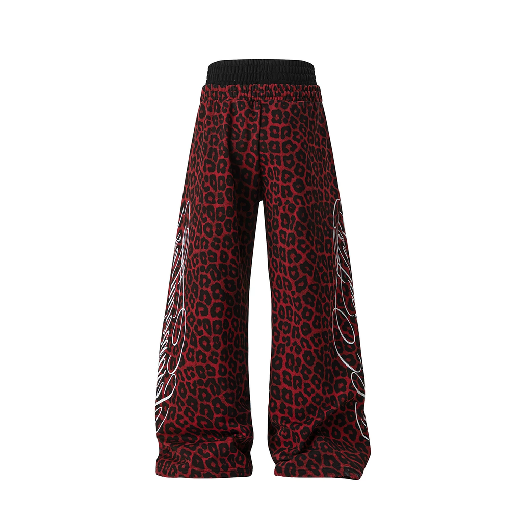Red leopard print wide leg pants - back view