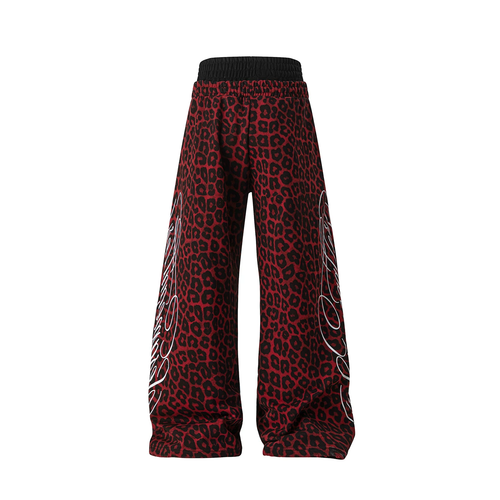Red leopard print wide leg pants - back view